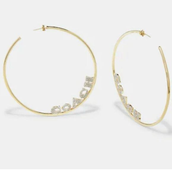 NWT Coach Signature Gold Big 3”Gold Polished Shinny Round Hoop Monogram Earrings - Picture 8 of 12